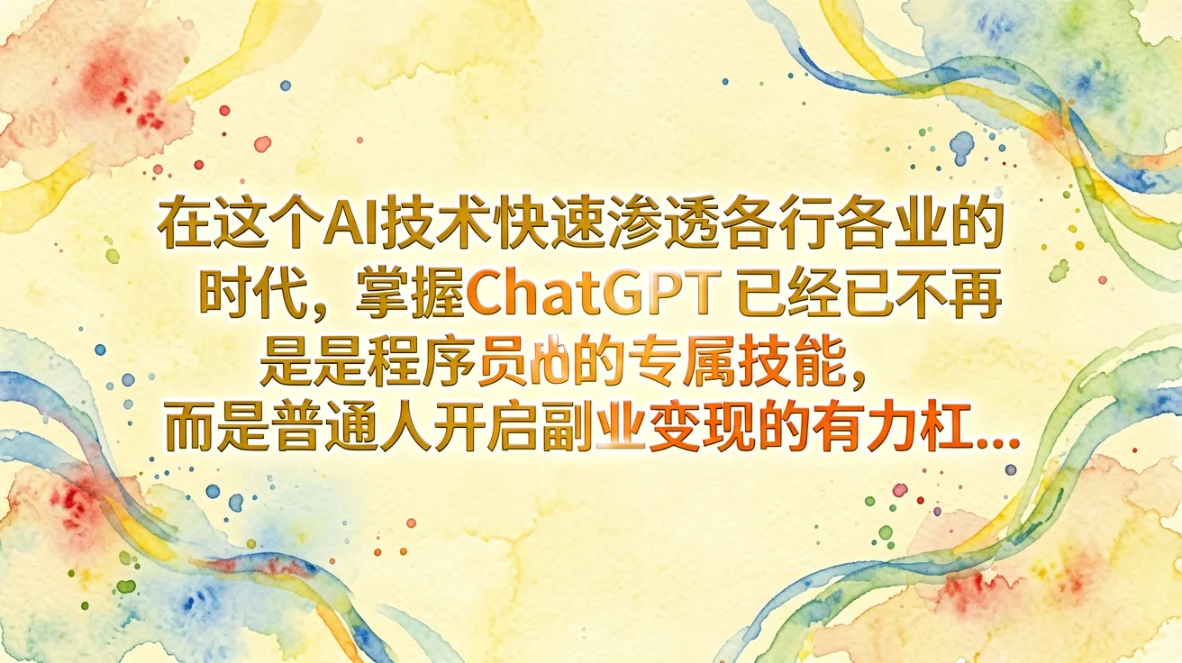 在这个AI技术快速渗透各行各业的时代，掌握ChatGPT已经不再是程序员的专属技能，而是普通人开启副业变现的有力杠…